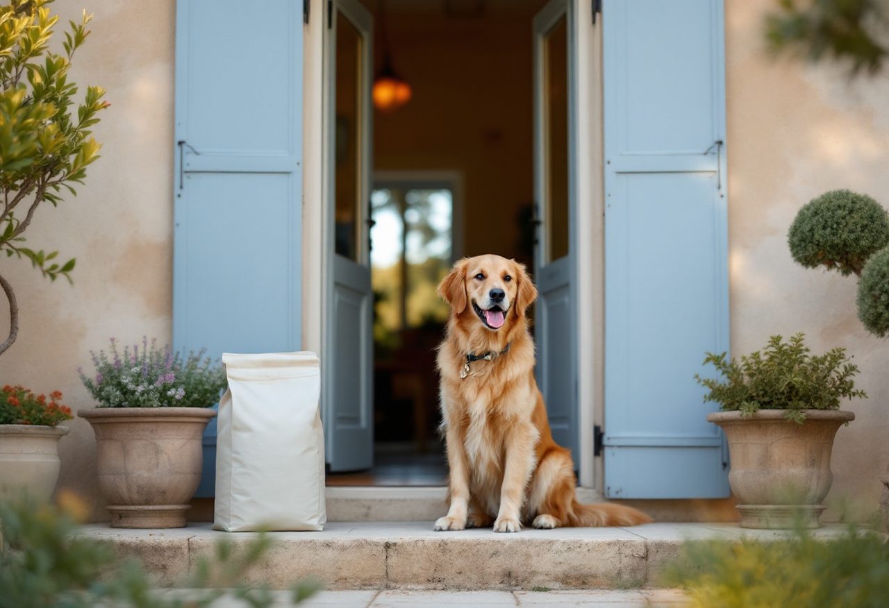 Chien assis devant une maison provençale aux volets bleus, sacs de croquettes posés près de la porte