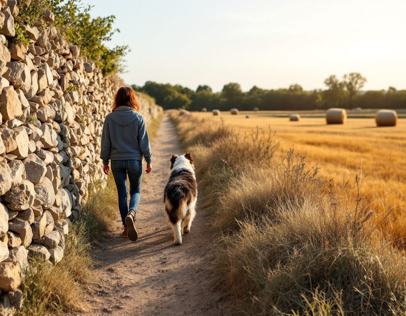 Promenade avec un border collie le long d'un muret, au bord d'un champ de foin de la Crau